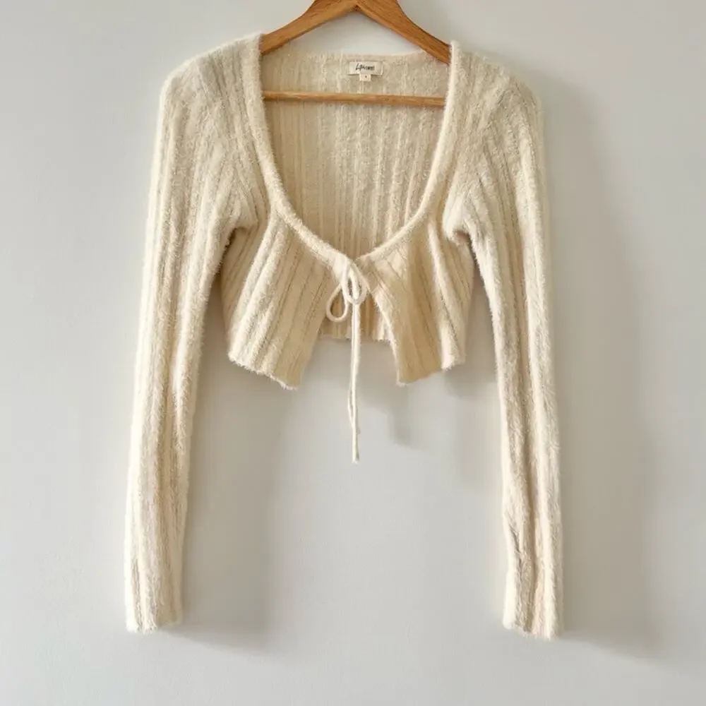 Y2K Bittersweet Tie Front Fuzzy Cropped Cardigan Cream Size S Coquette Girl